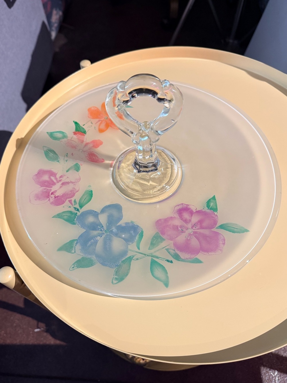 Vintage Multicolor Floral Frosted Glass Handled Serving Tray Flower Motif
